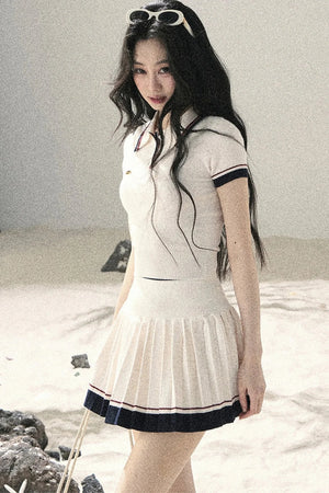 Knit Polo Top And Pleated Skirt Set-Up