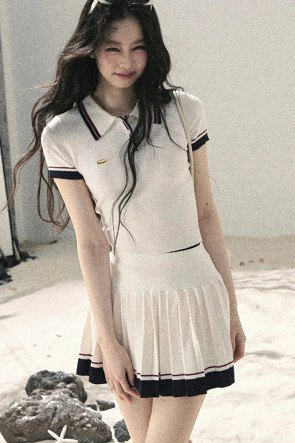 Knit Polo Top And Pleated Skirt Set-Up