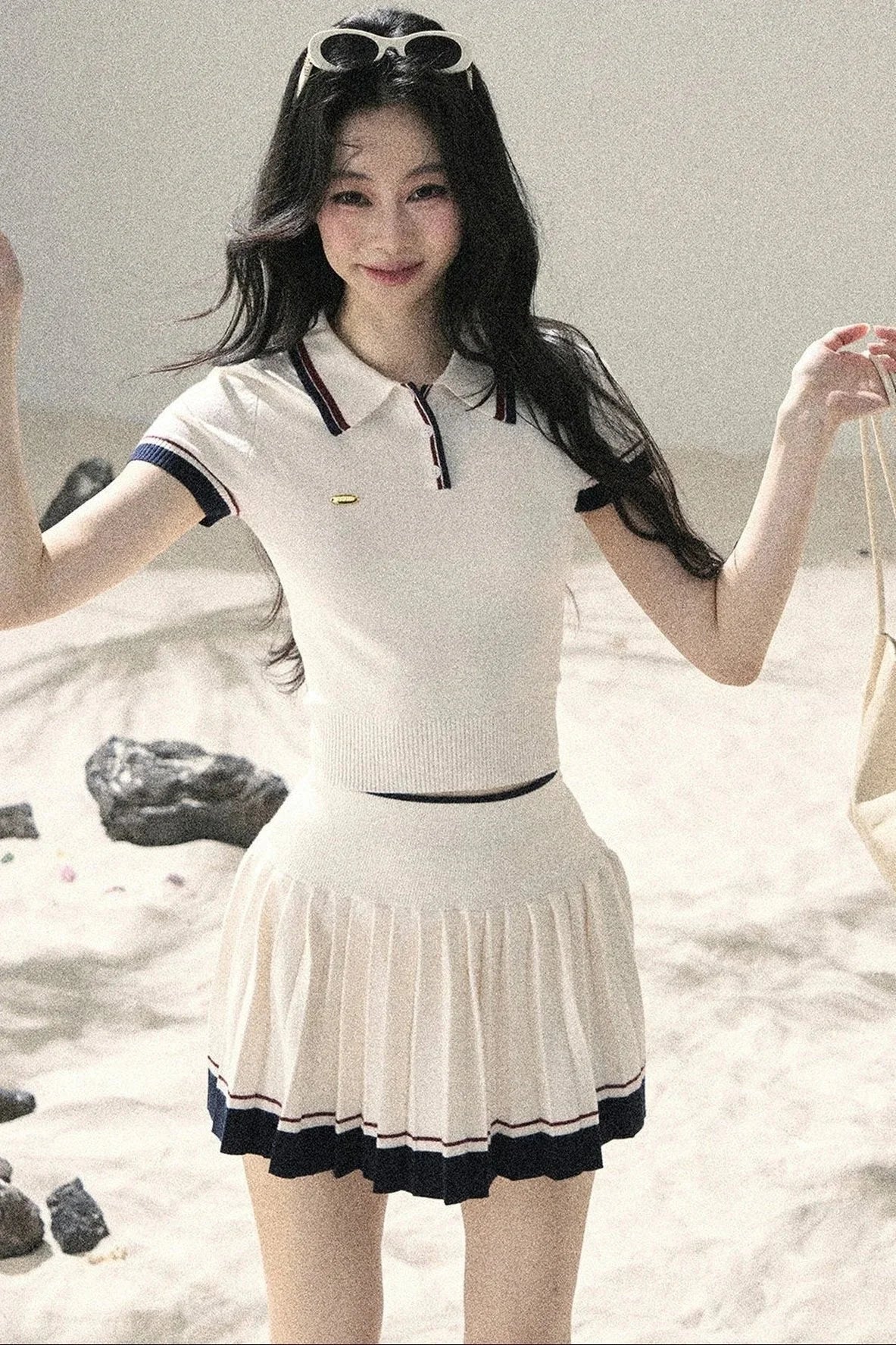 Knit Polo Top And Pleated Skirt Set-Up