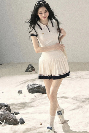 Knit Polo Top And Pleated Skirt Set-Up