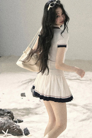 Knit Polo Top And Pleated Skirt Set-Up