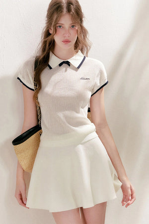 Knit Polo Top With Bow and A-Line Skirt Set