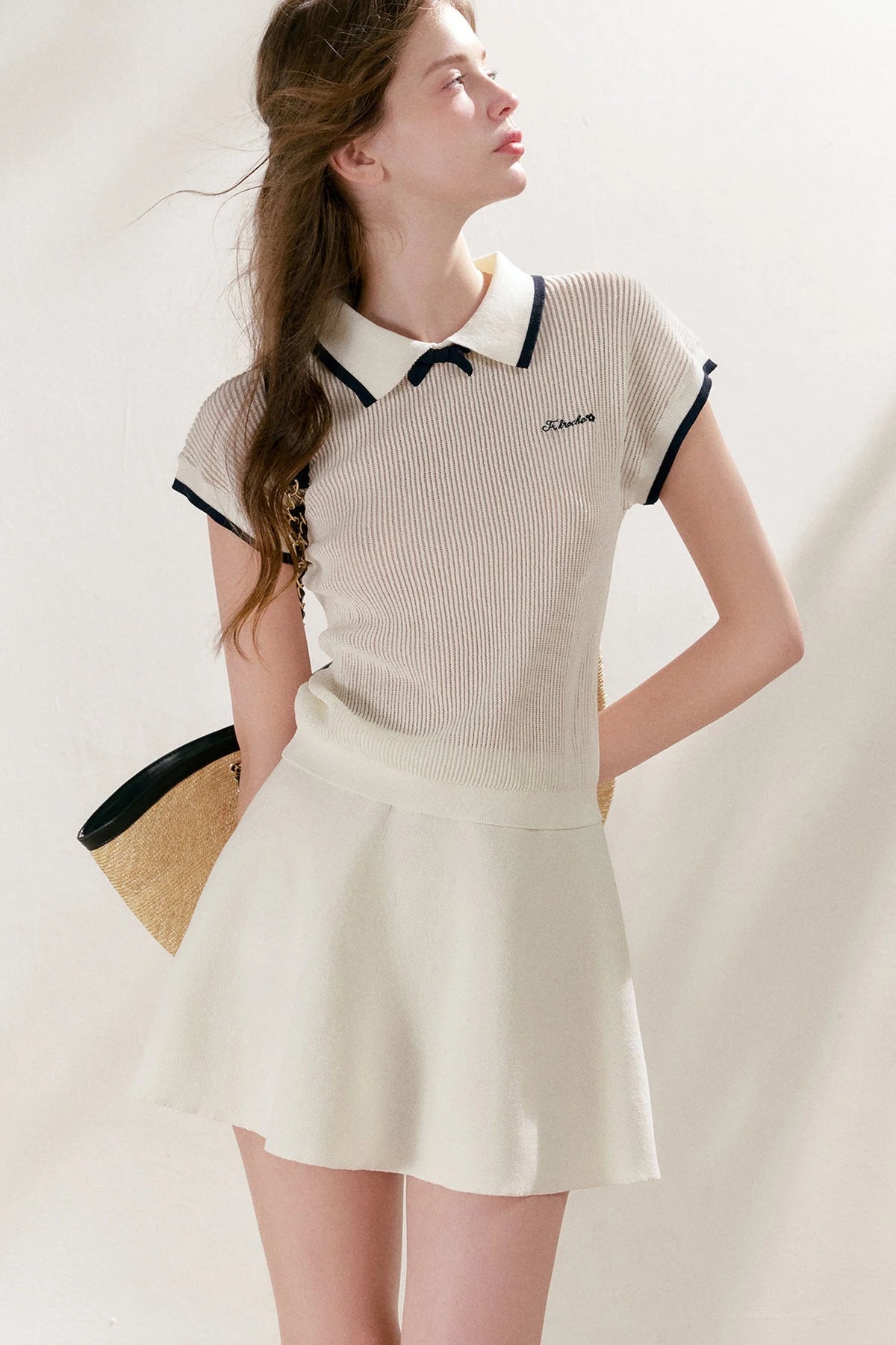 Knit Polo Top With Bow and A-Line Skirt Set