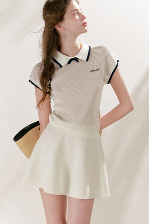 Knit Polo Top With Bow and A-Line Skirt Set