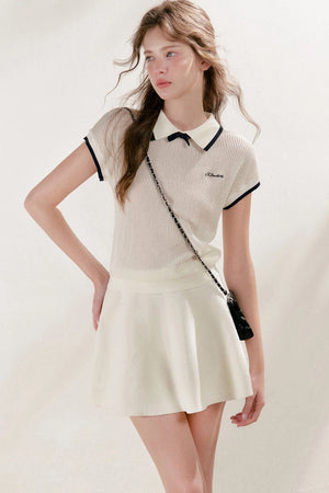 Knit Polo Top With Bow and A-Line Skirt Set