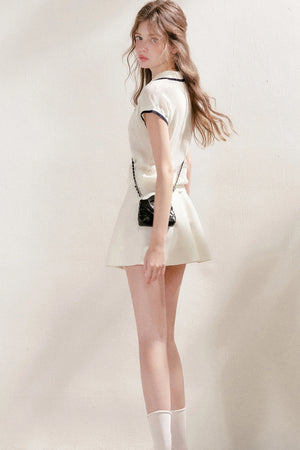 Knit Polo Top With Bow and A-Line Skirt Set