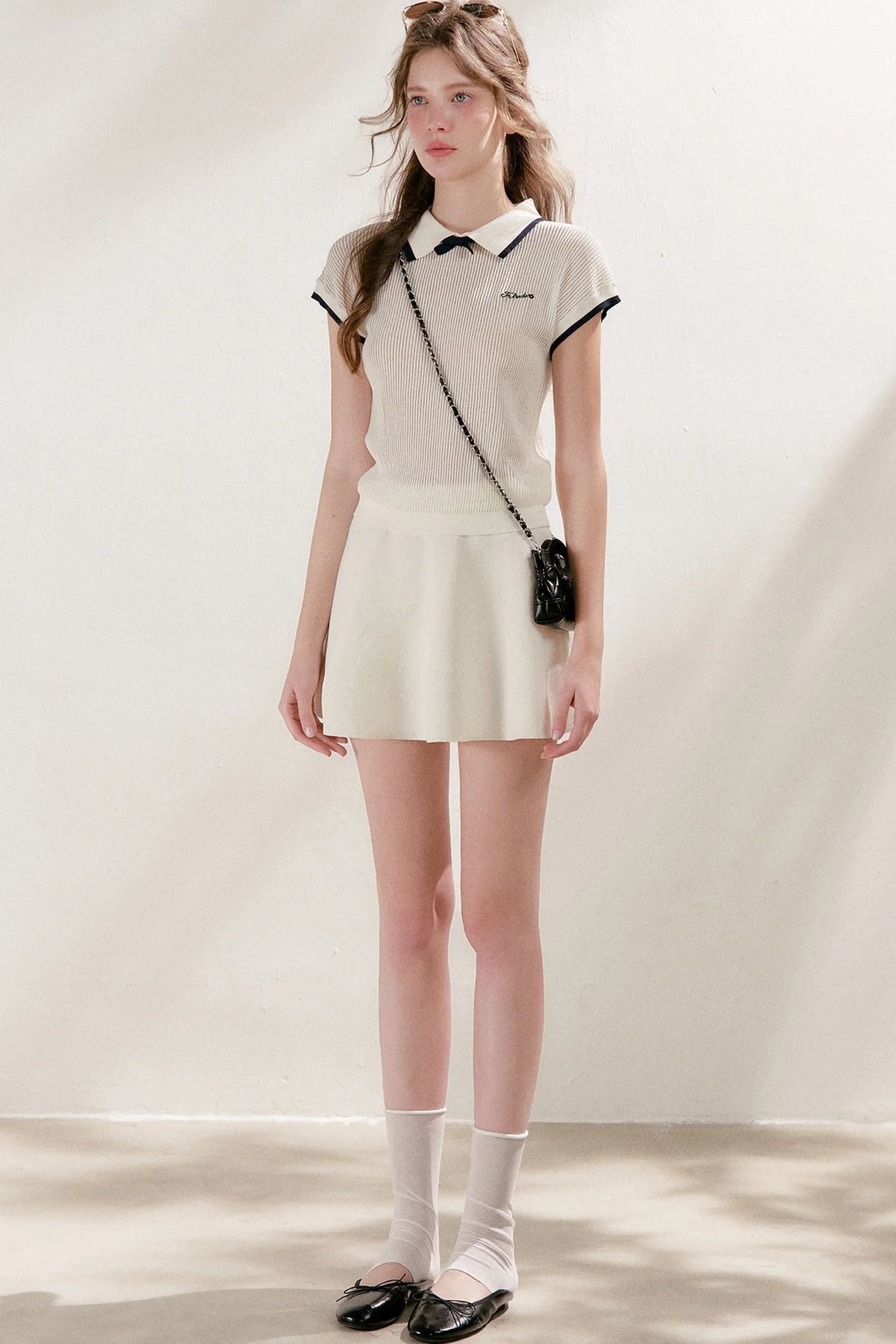 Knit Polo Top With Bow and A-Line Skirt Set