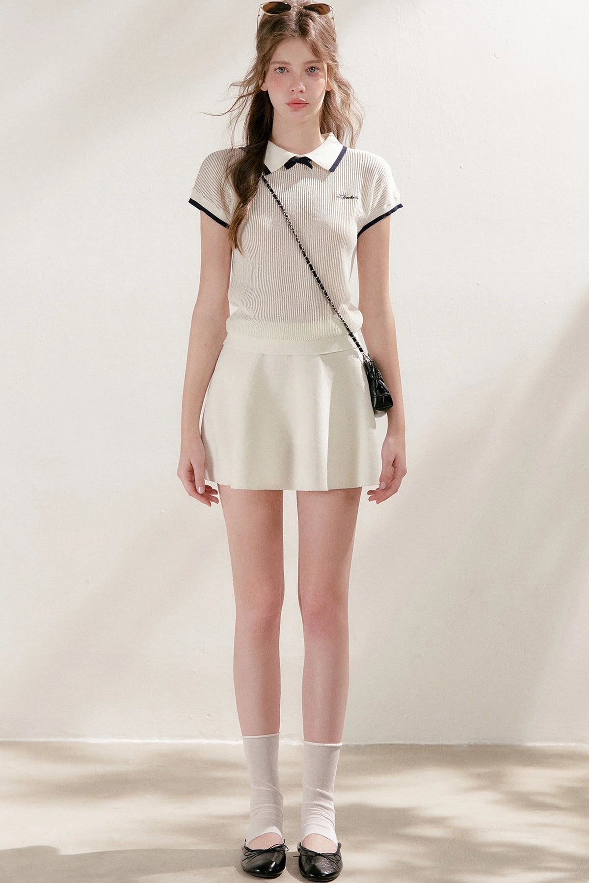 Knit Polo Top With Bow and A-Line Skirt Set