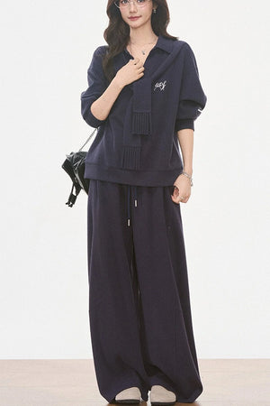 Knit Scarf Sweatshirt and Sweatpants Set-Up