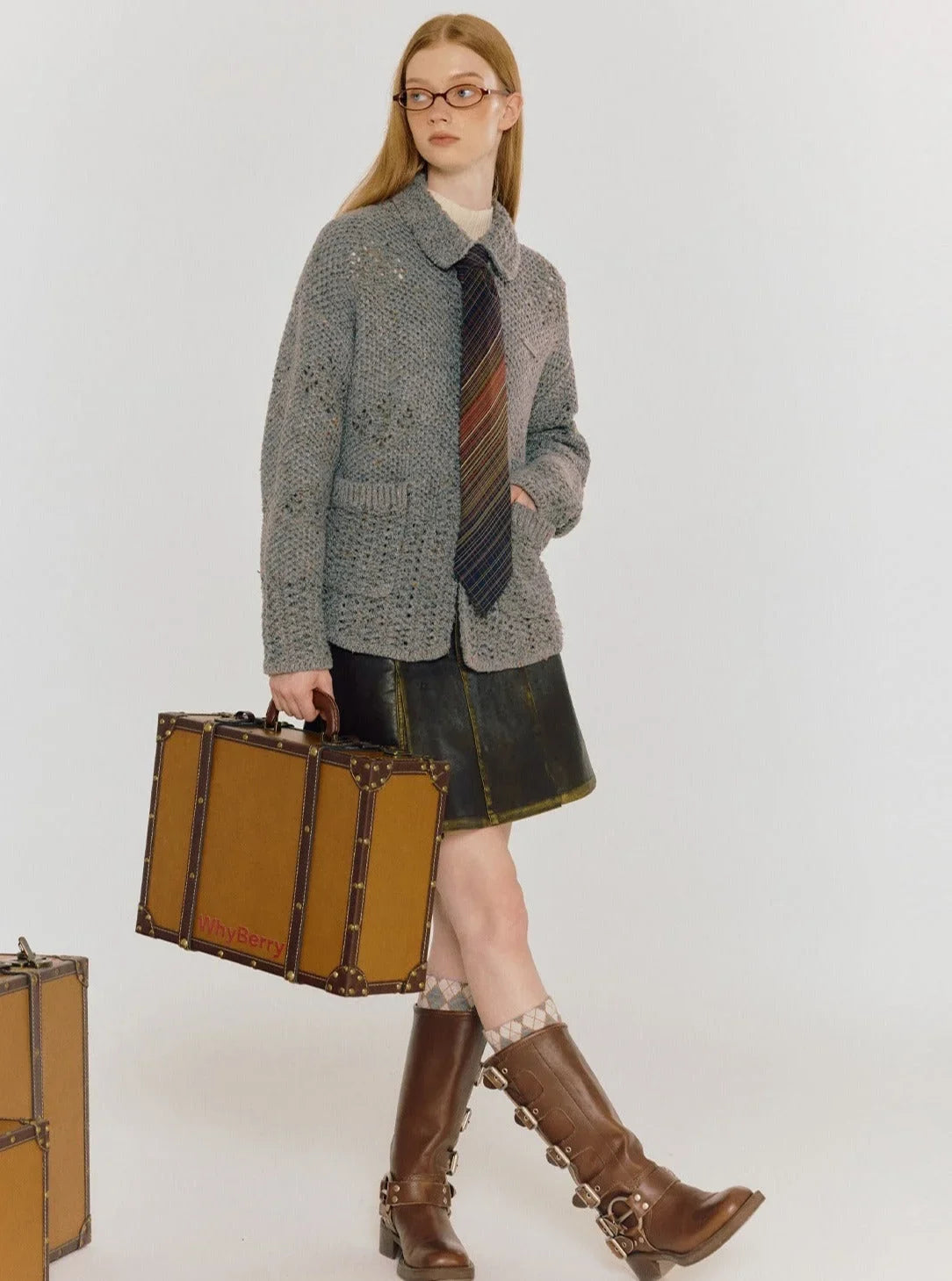 Knitted cardigan grey crewneck thermal jacket