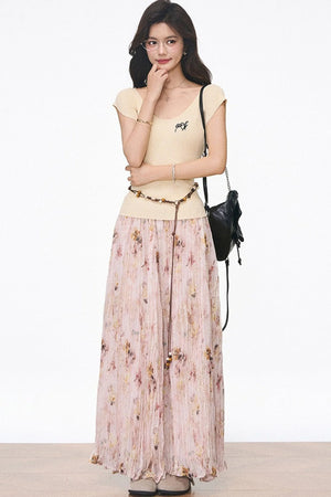 Knitted Flutter Sleeve Top and Pleated Skirt Set-Up