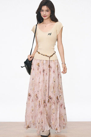 Knitted Flutter Sleeve Top and Pleated Skirt Set-Up
