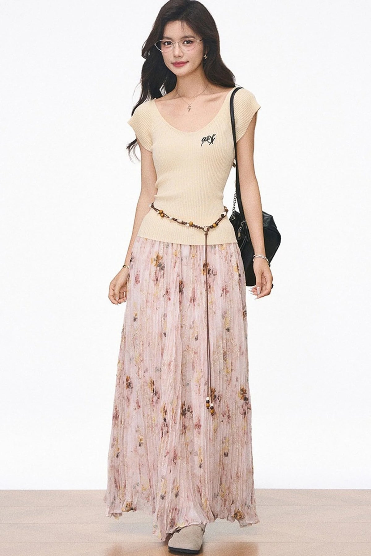 Knitted Flutter Sleeve Top and Pleated Skirt Set-Up