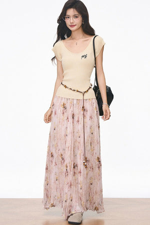 Knitted Flutter Sleeve Top and Pleated Skirt Set-Up