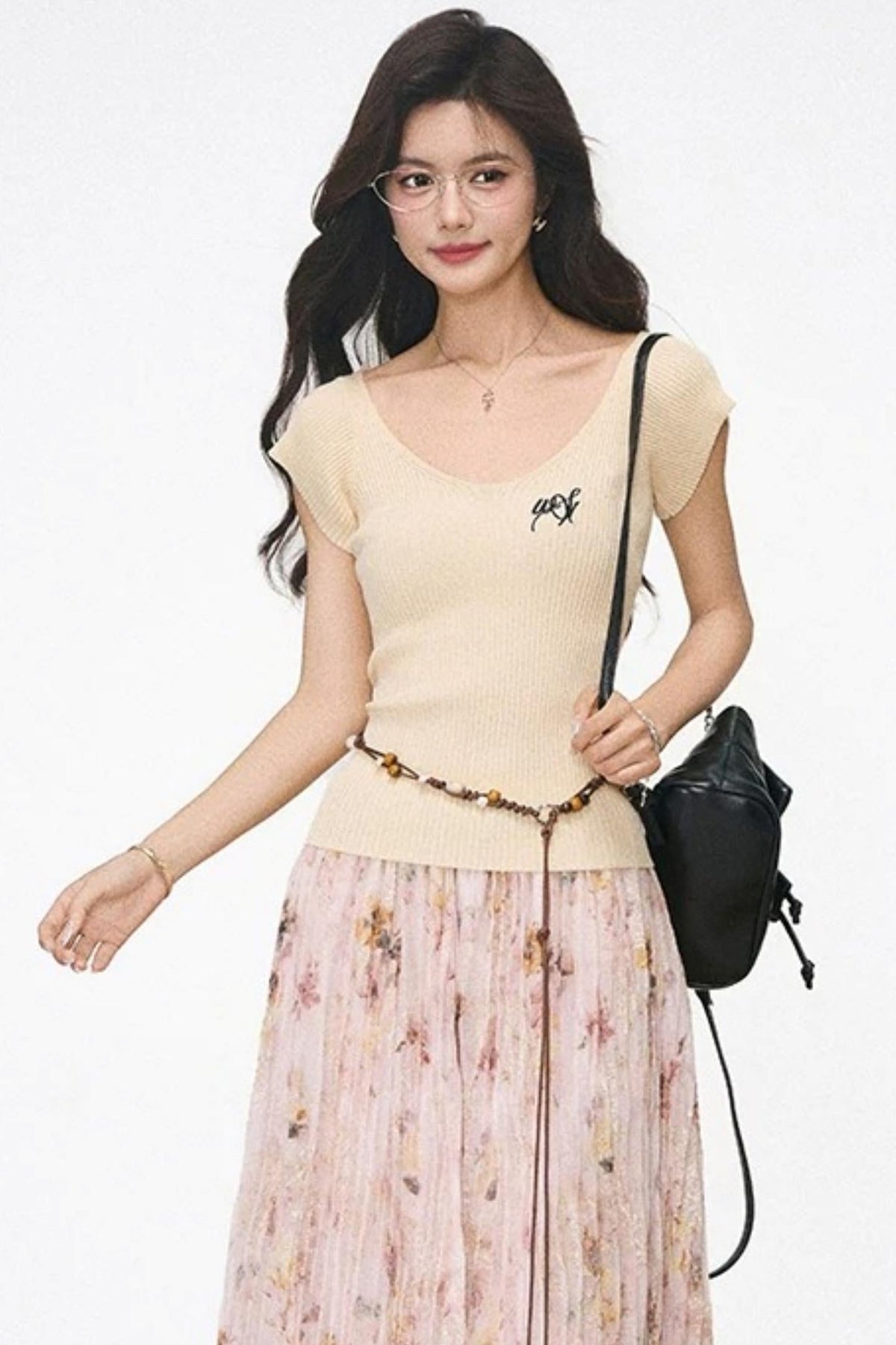 Knitted Flutter Sleeve Top and Pleated Skirt Set-Up