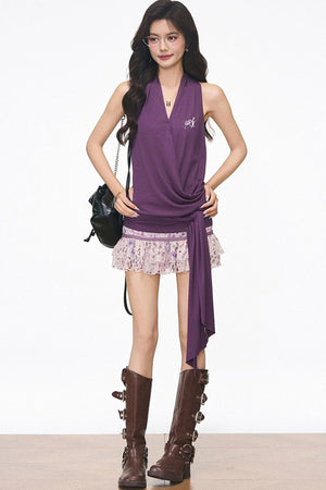 Knitted Halter Tie Top and Leopard Skirt Set-Up