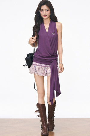 Knitted Halter Tie Top and Leopard Skirt Set-Up