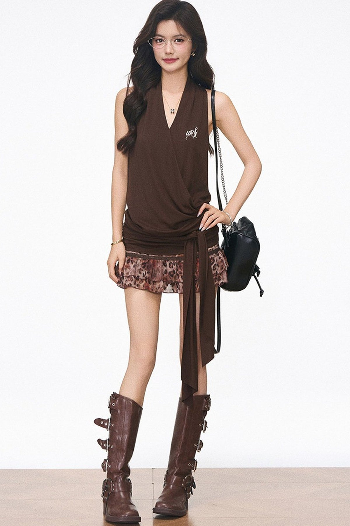 Knitted Halter Tie Top and Leopard Skirt Set-Up