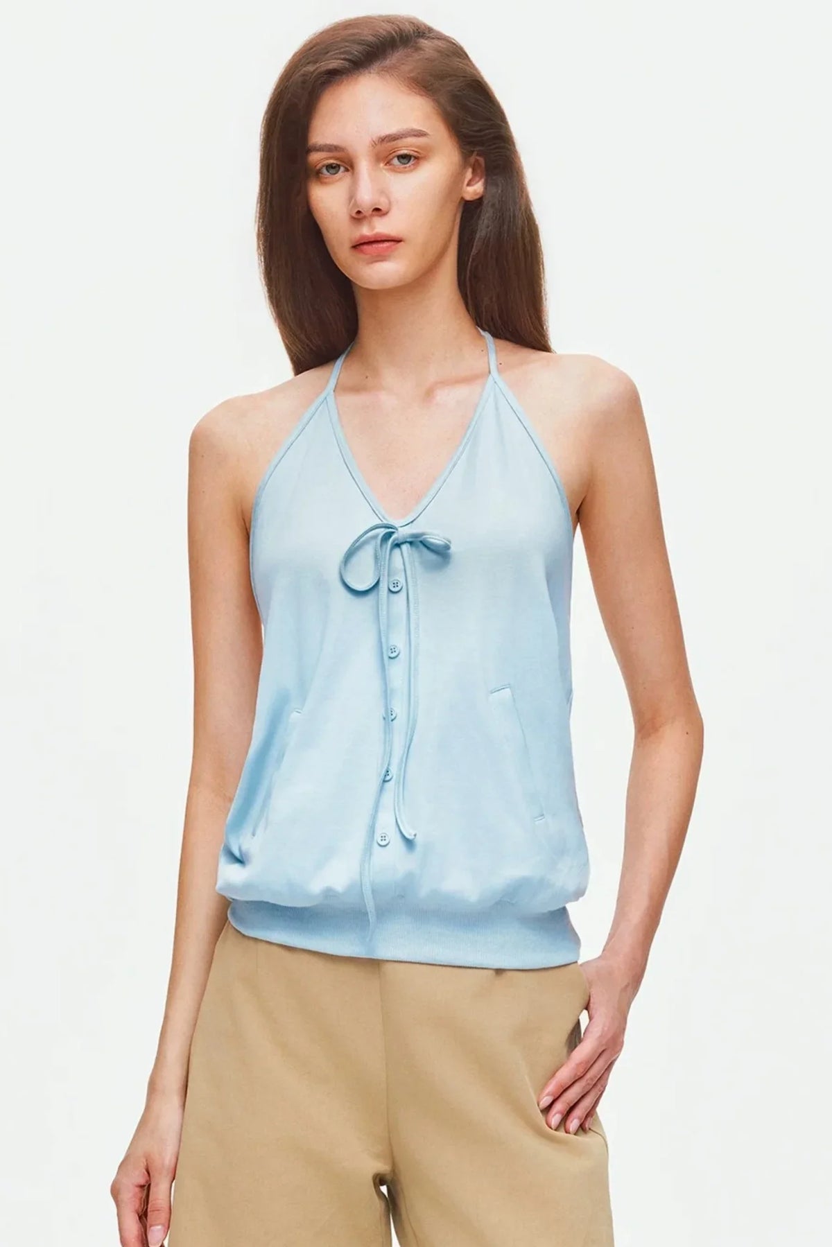 Knitted Halter Tie-Up V-Neck Top