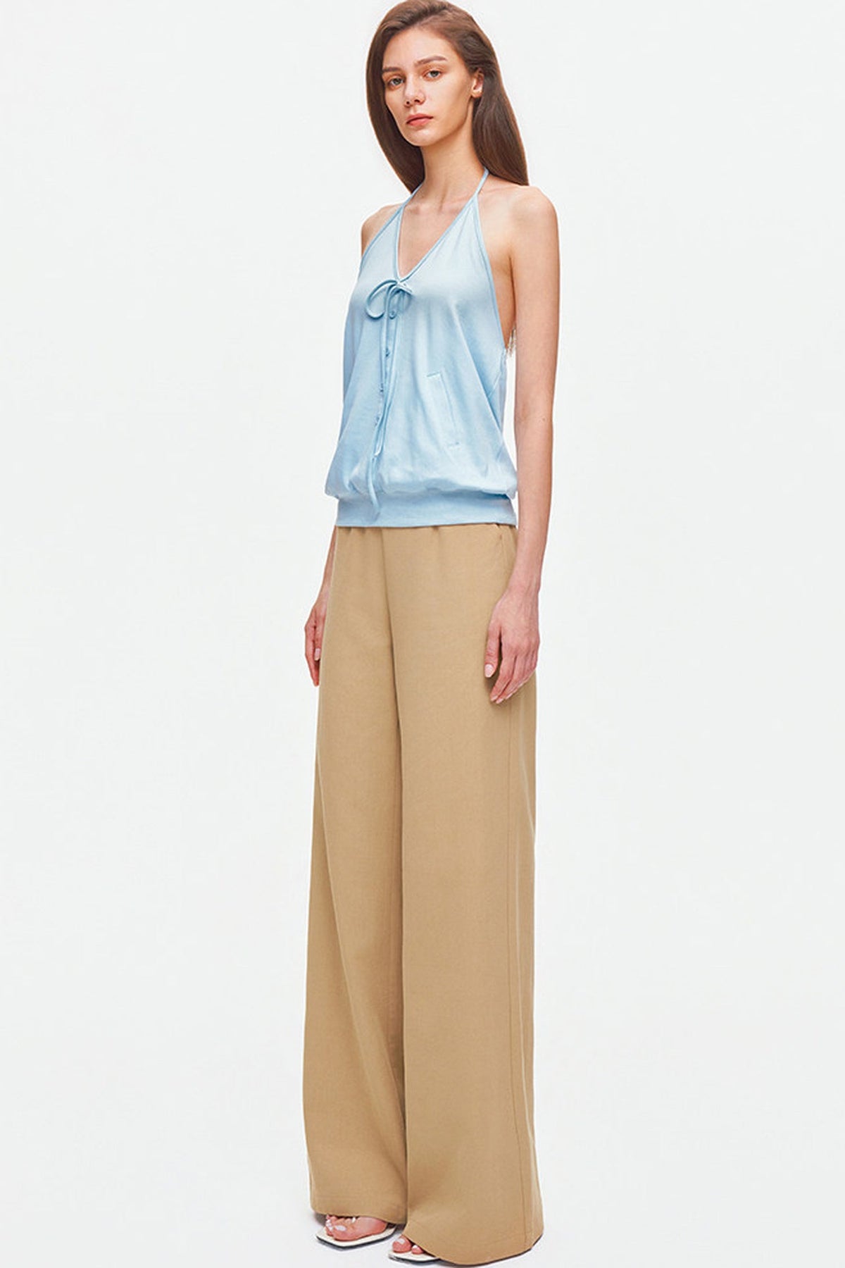 Knitted Halter Tie-Up V-Neck Top