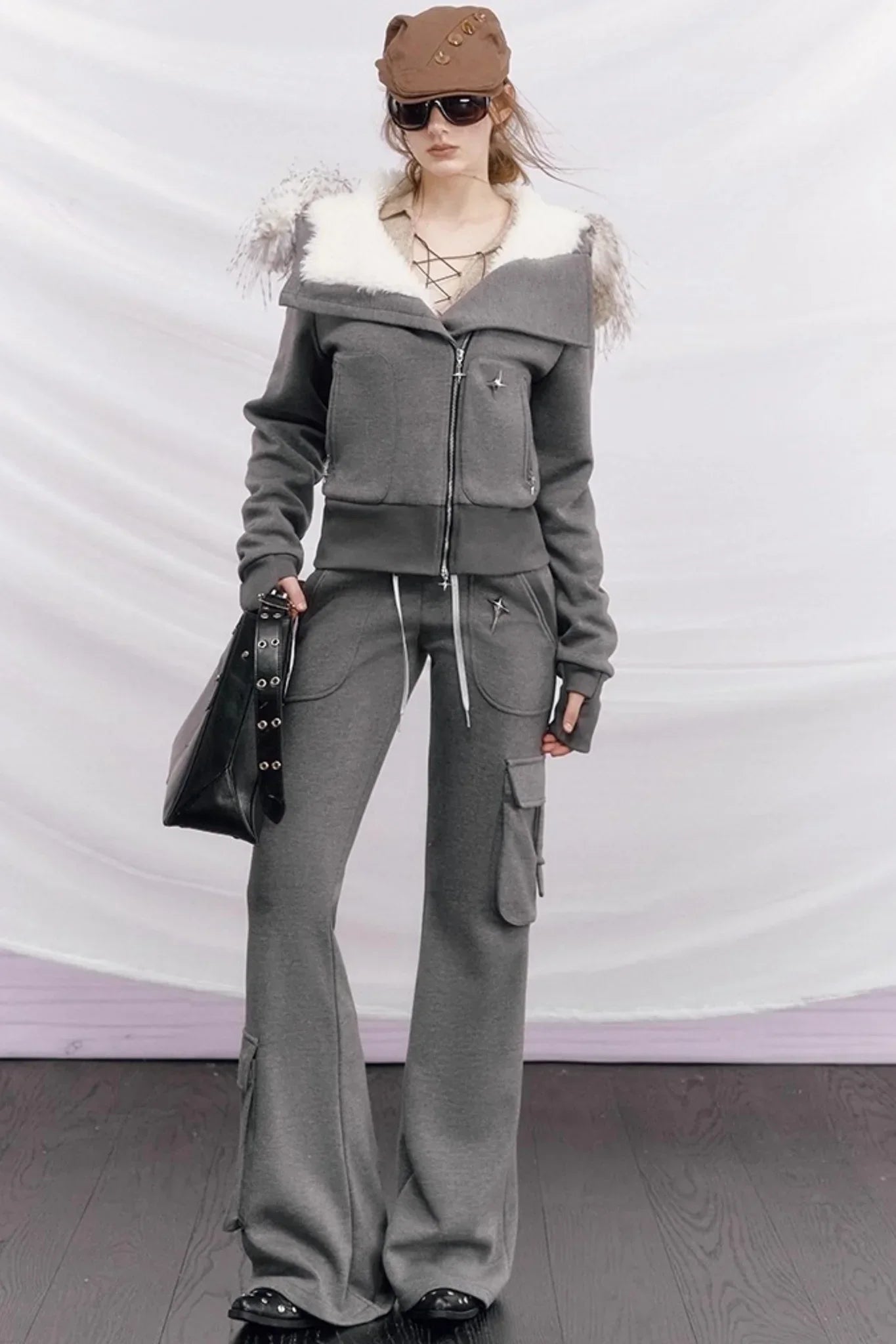 Knitted Hooded Diagonal Jacket Set-Up
