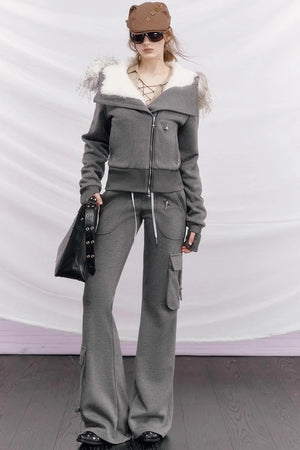 Knitted Hooded Diagonal Jacket Set-Up