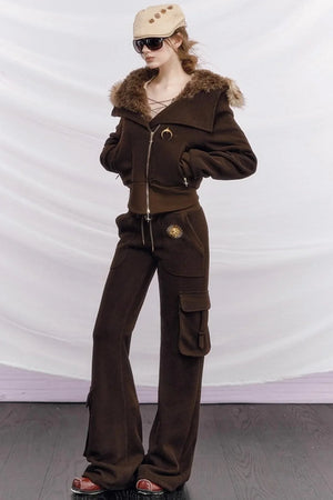 Knitted Hooded Diagonal Jacket Set-Up