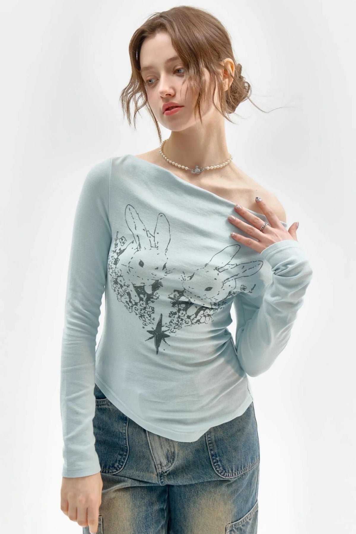 Knitted Long Sleeve Rabbit Print T-Shirt