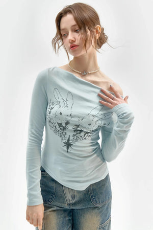 Knitted Long Sleeve Rabbit Print T-Shirt