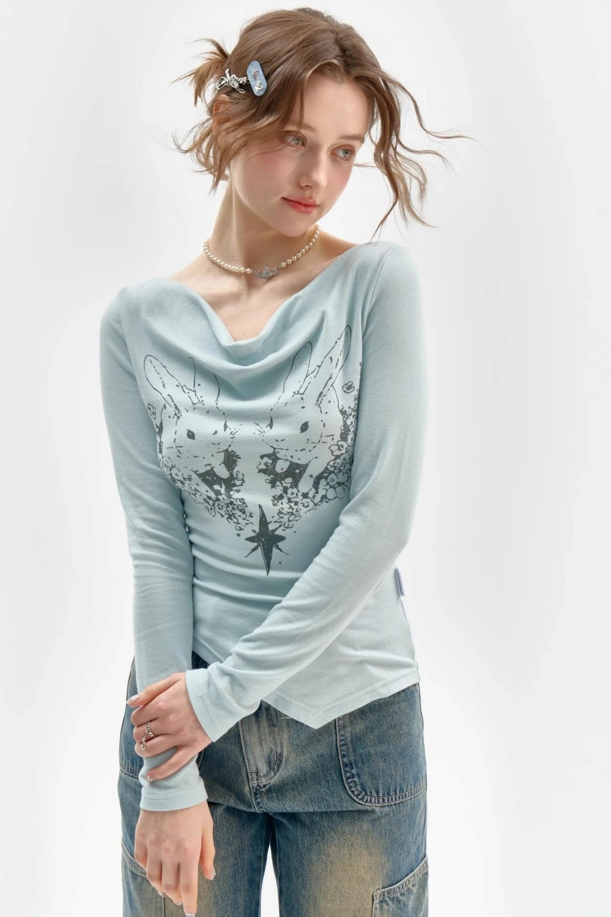 Knitted Long Sleeve Rabbit Print T-Shirt