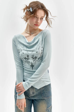 Knitted Long Sleeve Rabbit Print T-Shirt
