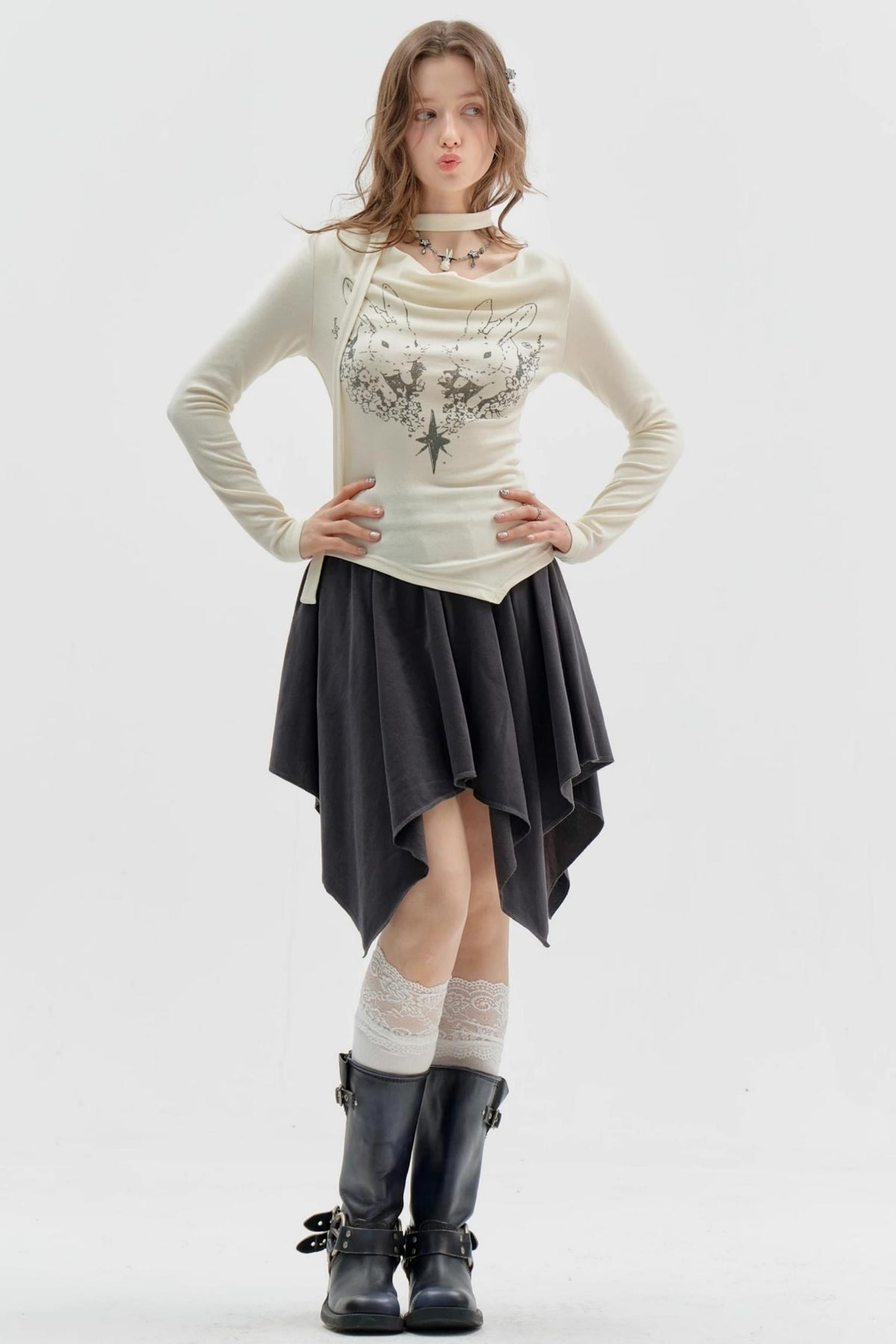 Knitted Long Sleeve Rabbit Print T-Shirt