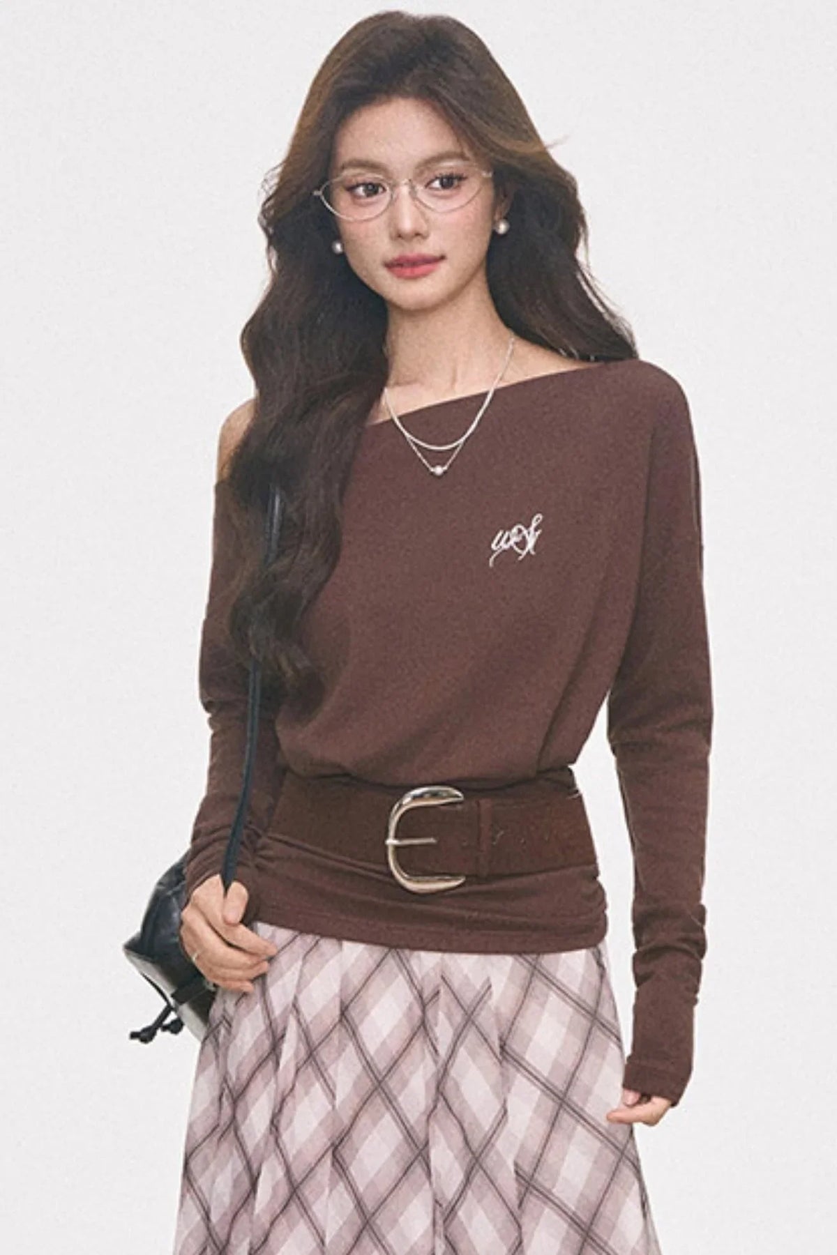 Knitted Off-Shoulder Top and Plaid Skirt Set-Up