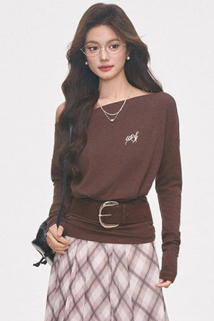 Knitted Off-Shoulder Top and Plaid Skirt Set-Up