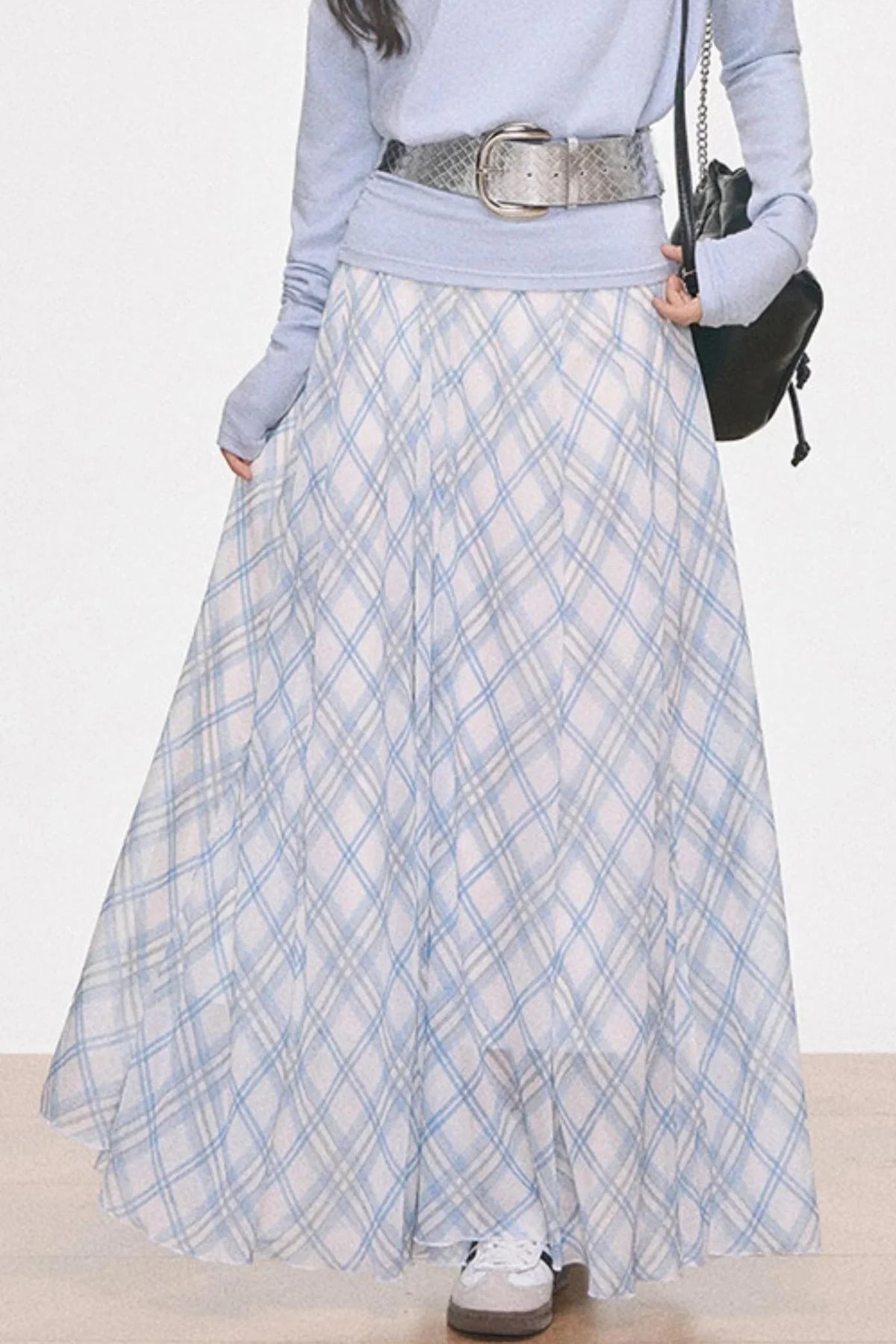 Knitted Off-Shoulder Top and Plaid Skirt Set-Up