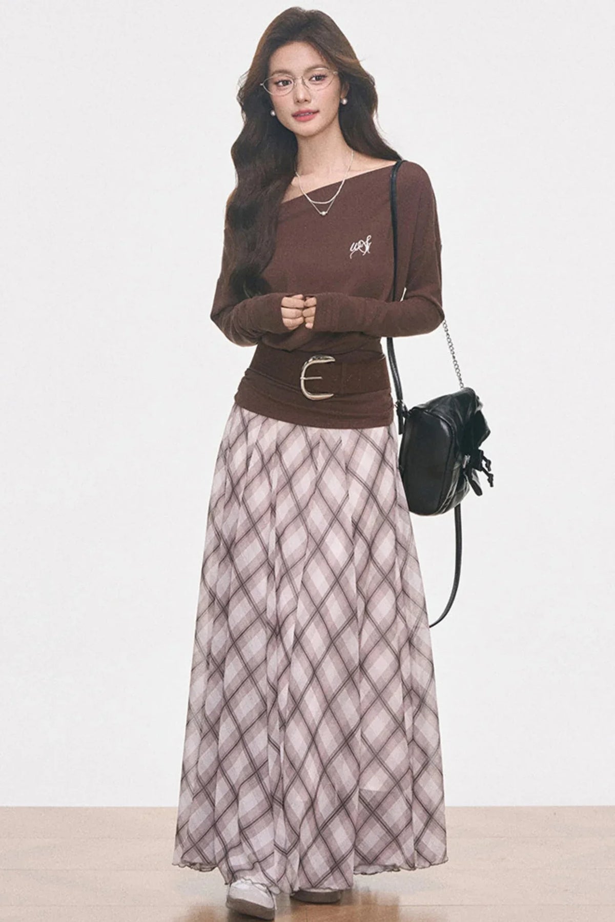 Knitted Off-Shoulder Top and Plaid Skirt Set-Up