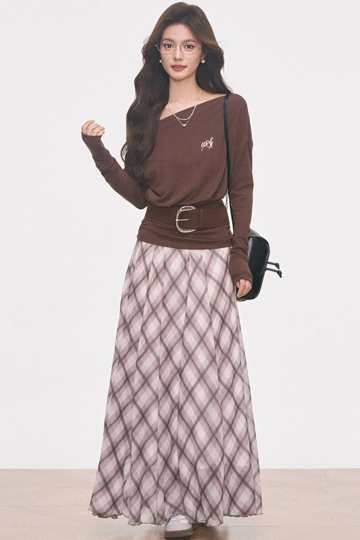 Knitted Off-Shoulder Top and Plaid Skirt Set-Up