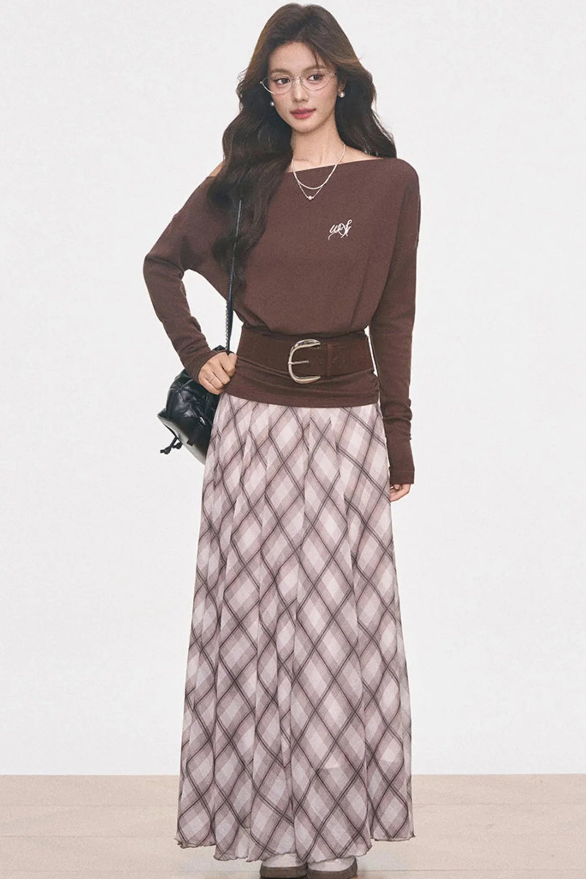 Knitted Off-Shoulder Top and Plaid Skirt Set-Up