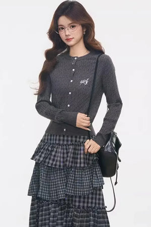 Knitted Plaid Cardigan Set-Up