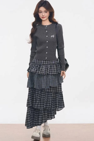 Knitted Plaid Cardigan Set-Up