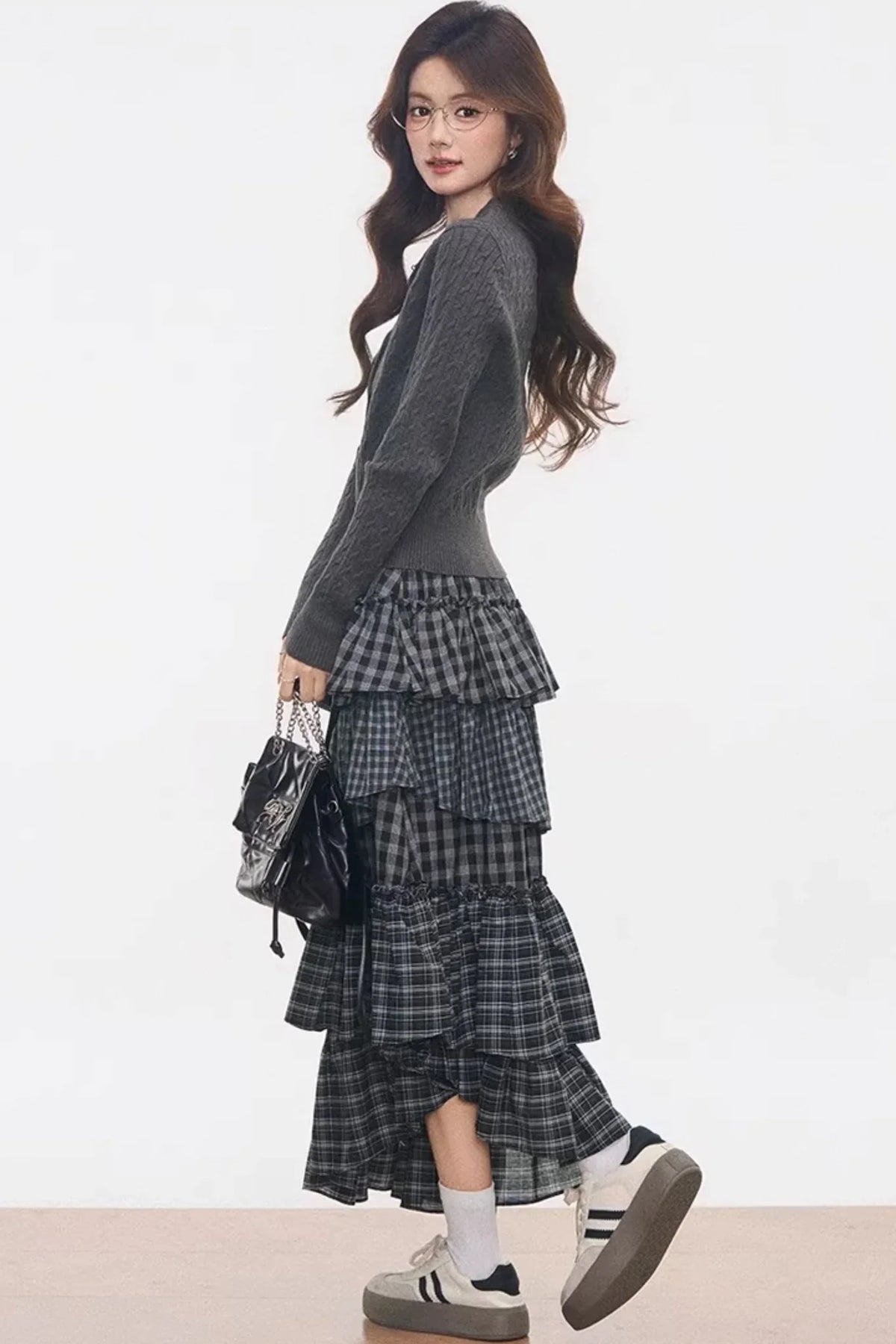 Knitted Plaid Cardigan Set-Up