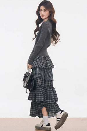 Knitted Plaid Cardigan Set-Up