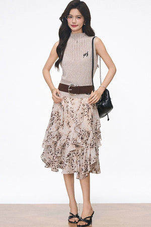 Knitted Vest and Leopard Skirt Set-Up