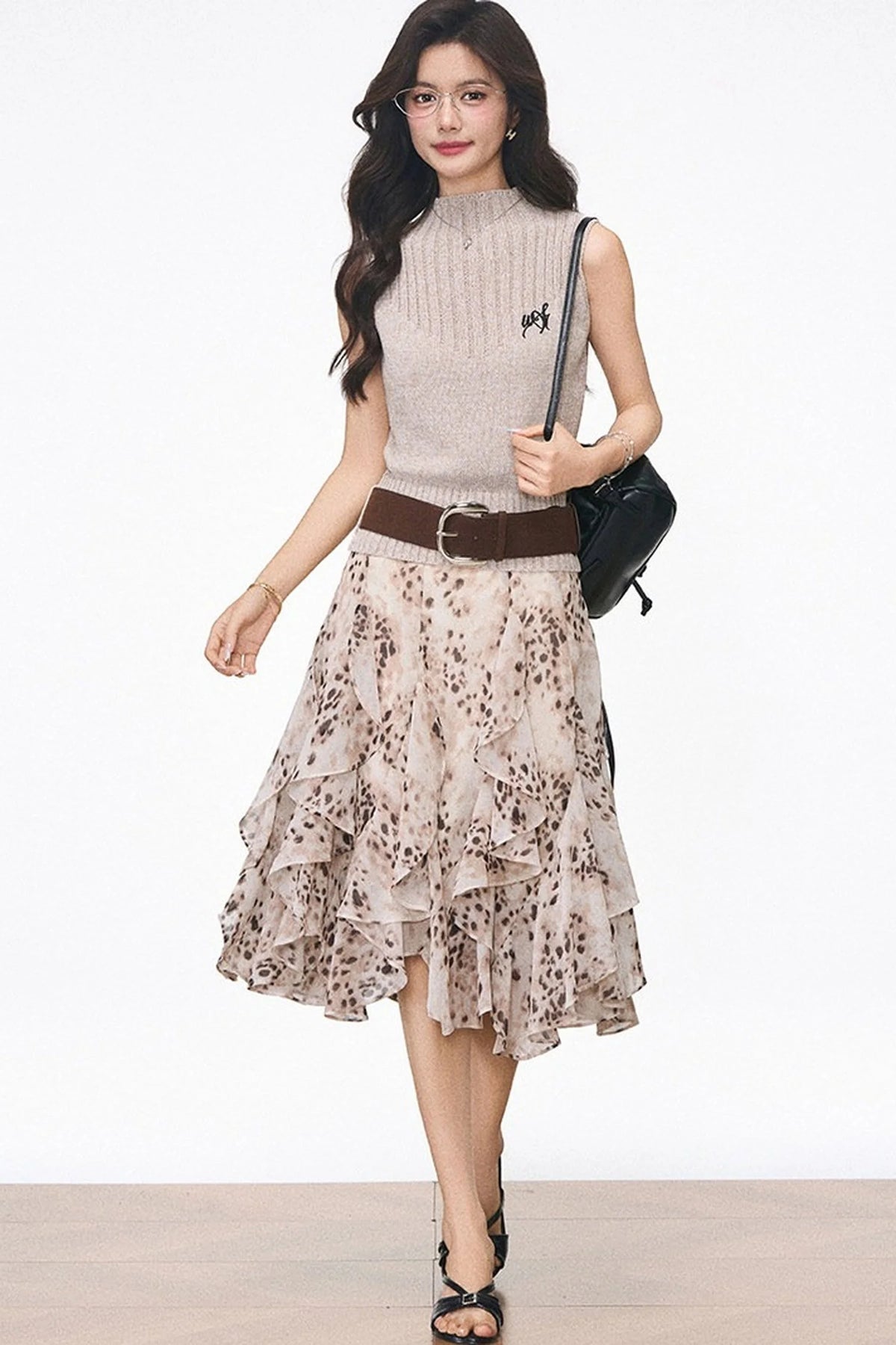 Knitted Vest and Leopard Skirt Set-Up