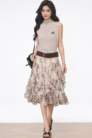 Knitted Vest and Leopard Skirt Set-Up