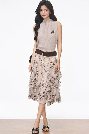 Knitted Vest and Leopard Skirt Set-Up