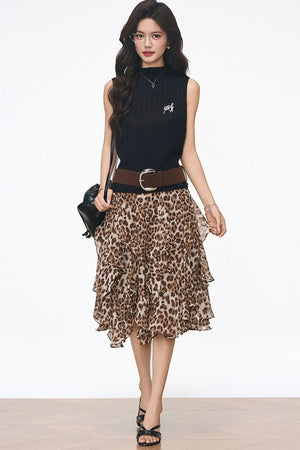 Knitted Vest and Leopard Skirt Set-Up