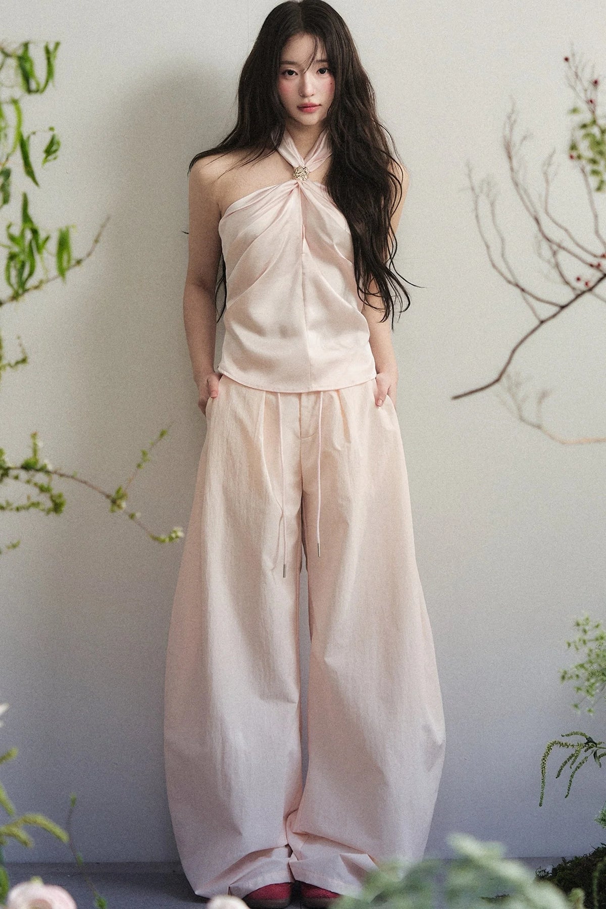 Knotted Halter Top and Satin Wide-Leg Pants Set-Up
