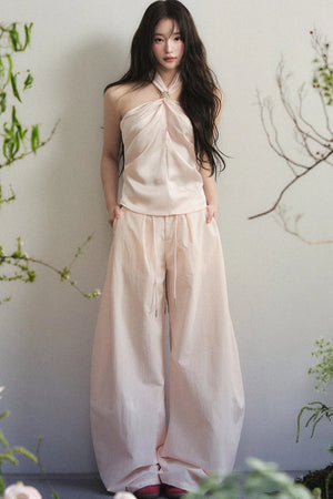 Knotted Halter Top and Satin Wide-Leg Pants Set-Up