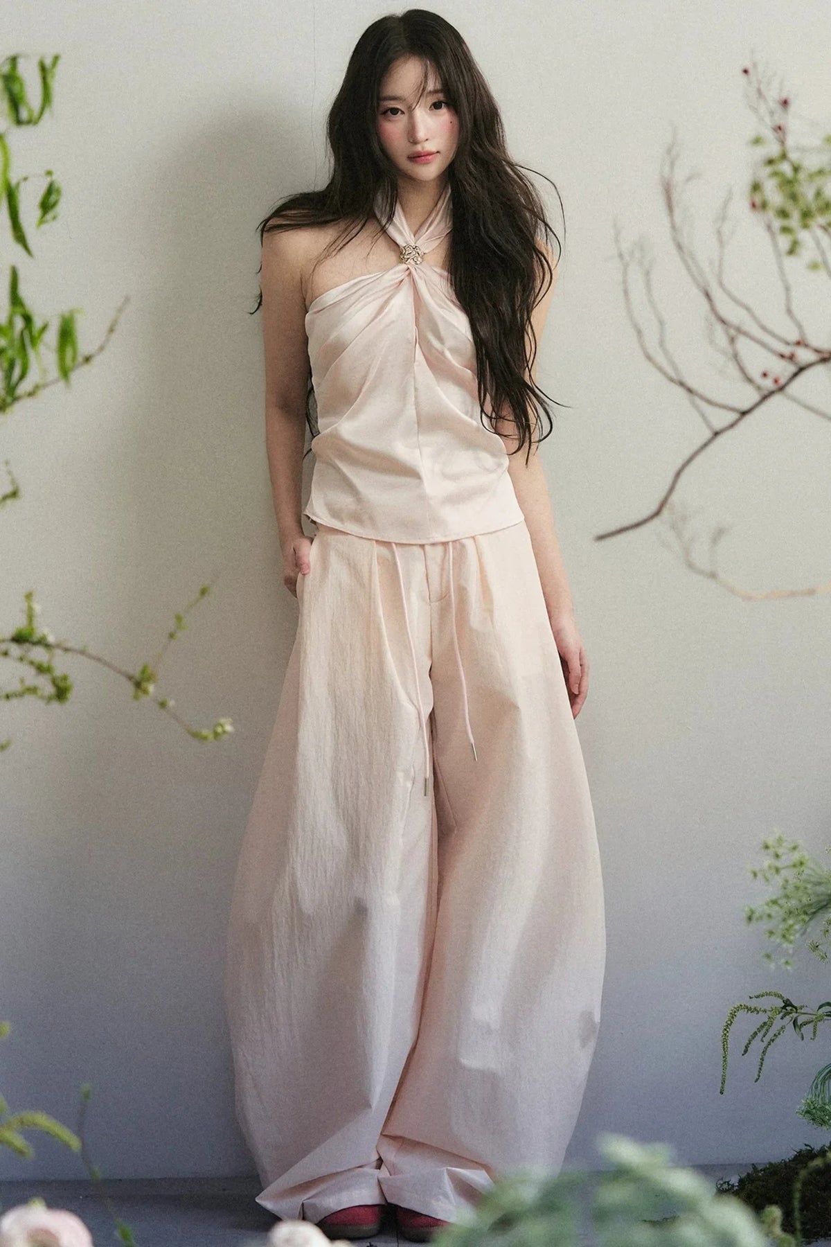 Knotted Halter Top and Satin Wide-Leg Pants Set-Up